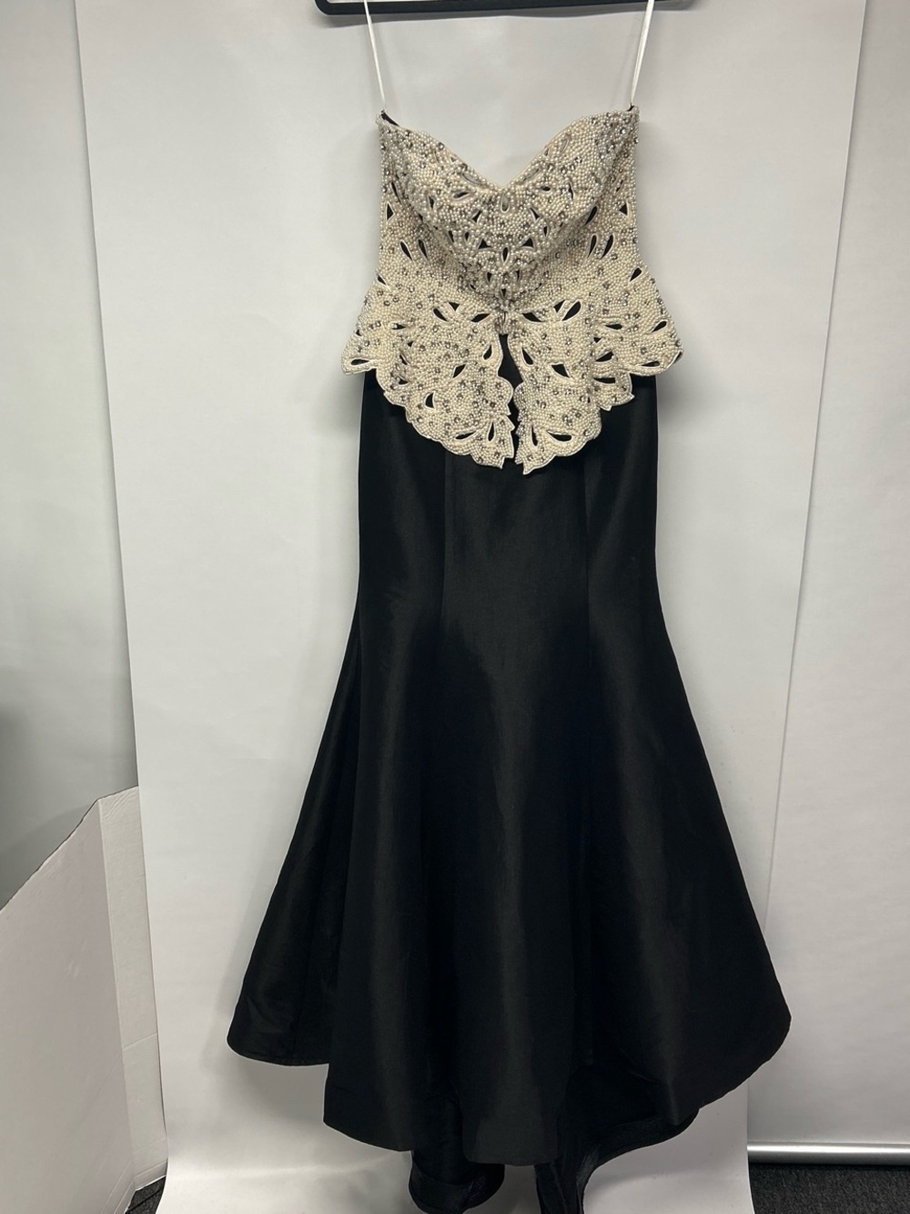 Mac Duggal Black Gown with Cream Lace Peplum Bodice